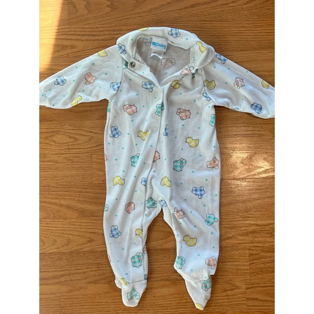 Vintage Carters Baby Footed Sleeper Sheep Duck Gingham Pastel White Med 12-17lb